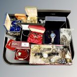 A tray of costume jewellery, cuff links,