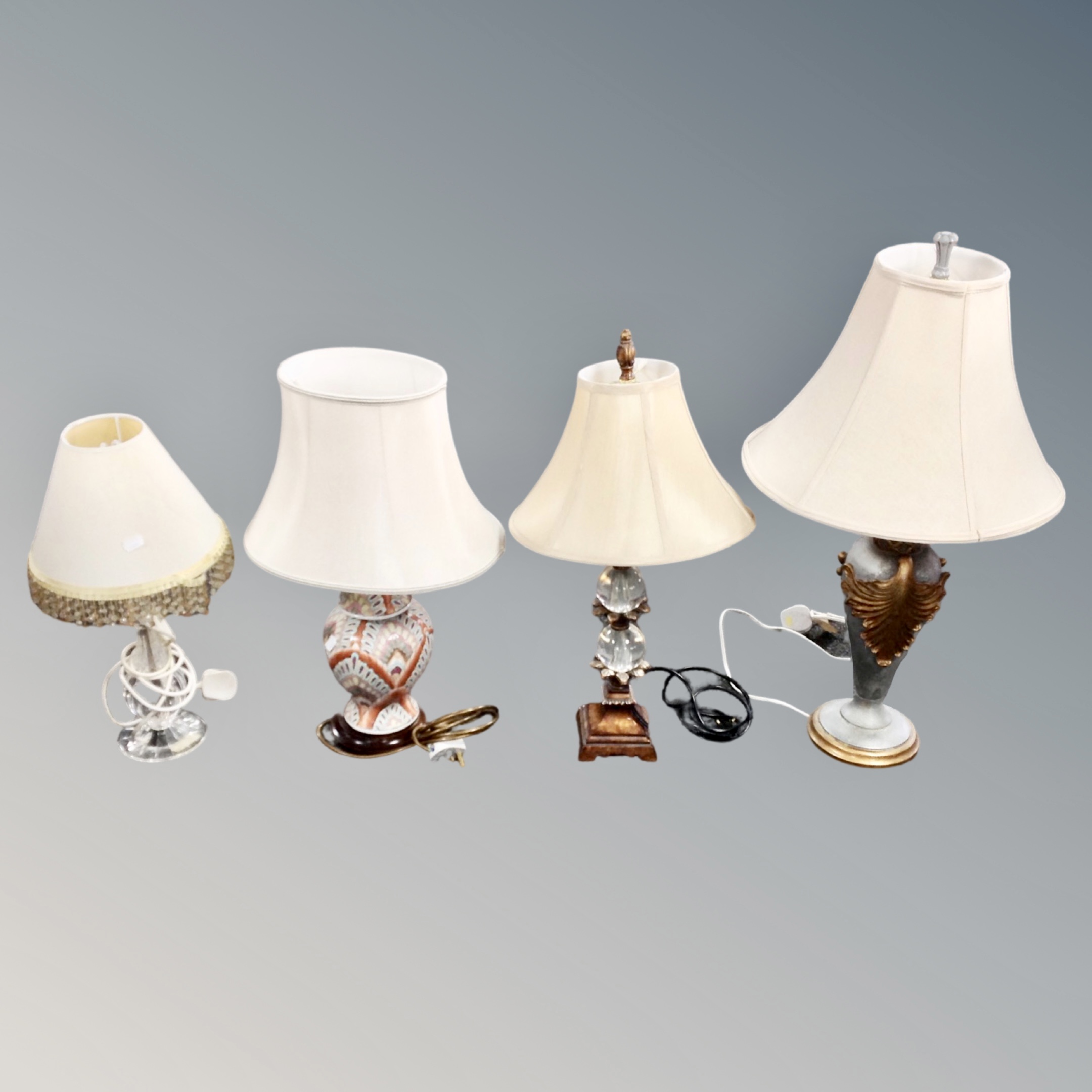 A brass oil lamp with opaque glass shade and four contemporary table lamps - Image 2 of 2