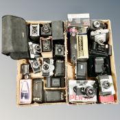 Two boxes of vintage and later cameras : Kodak, Pentax, Ilford,