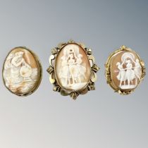 Three antique cameo brooches