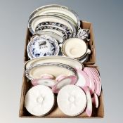 Two boxes of early 20th century serving platters, lidded blue and white tureen,