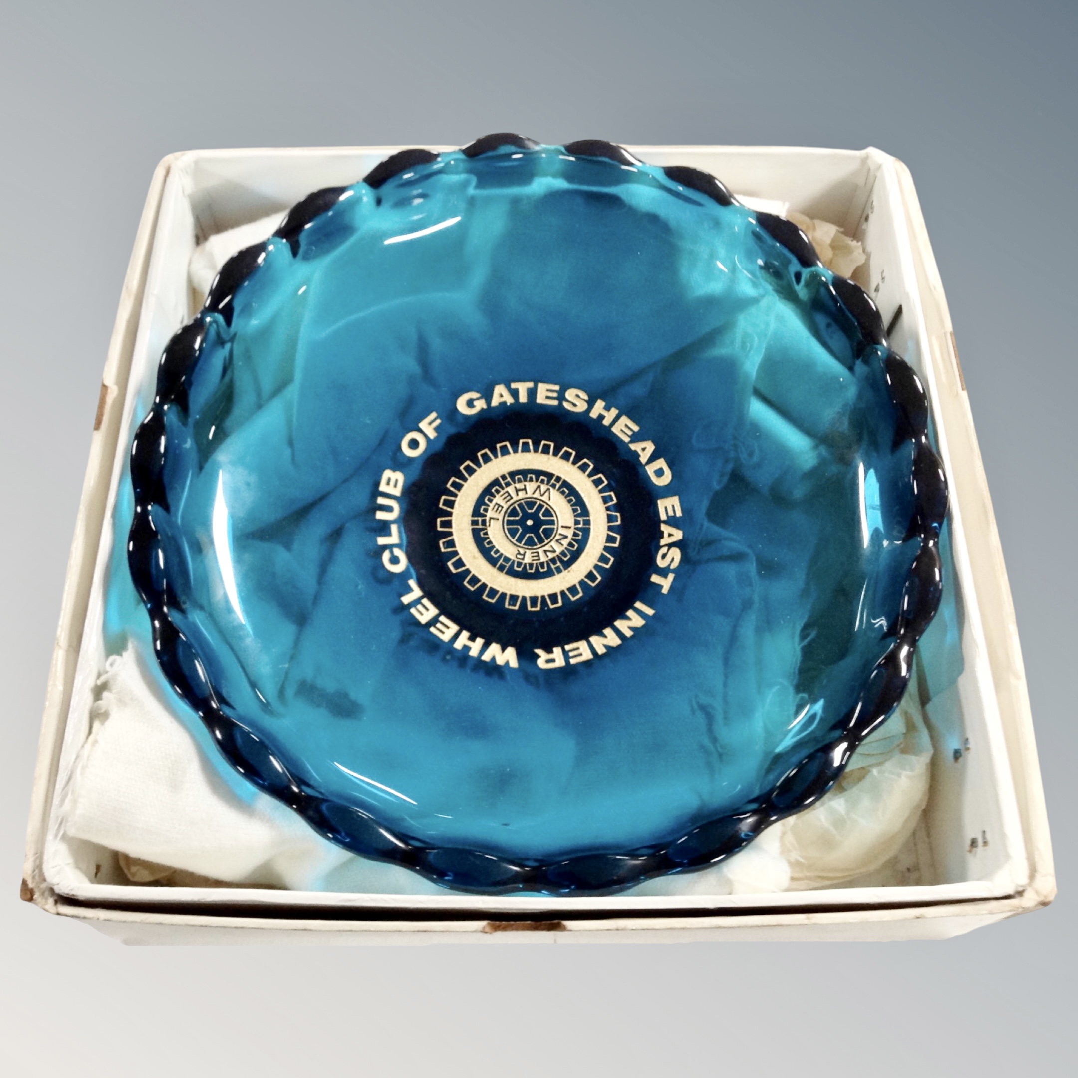 An Inner Wheel Club of Gateshead East blue glass bowl in box,