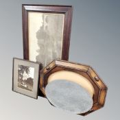 A group of Edwardian oak framed prints and a mirror