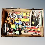 A box of die cast and plastic vehicles : turn table tank, Matchbox,