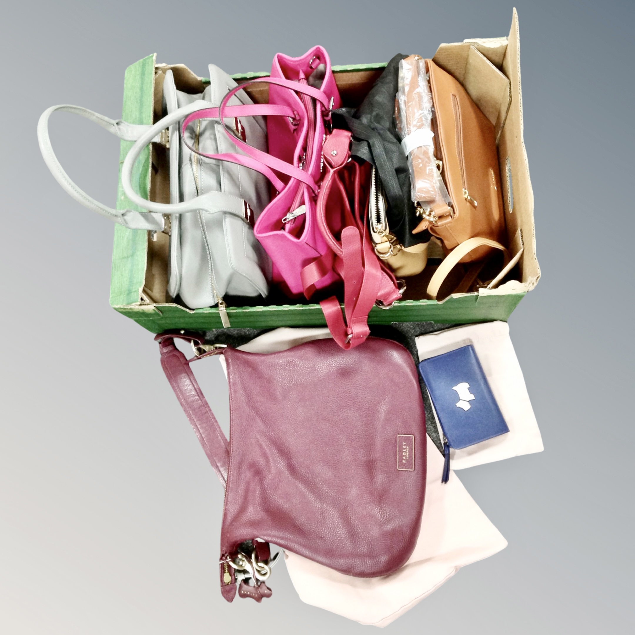 A box of lady's leather handbags : Michael Kors, Radley, Destello,