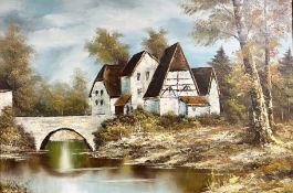 Two JB Schumann oils on canvas, dwellings by rivers,