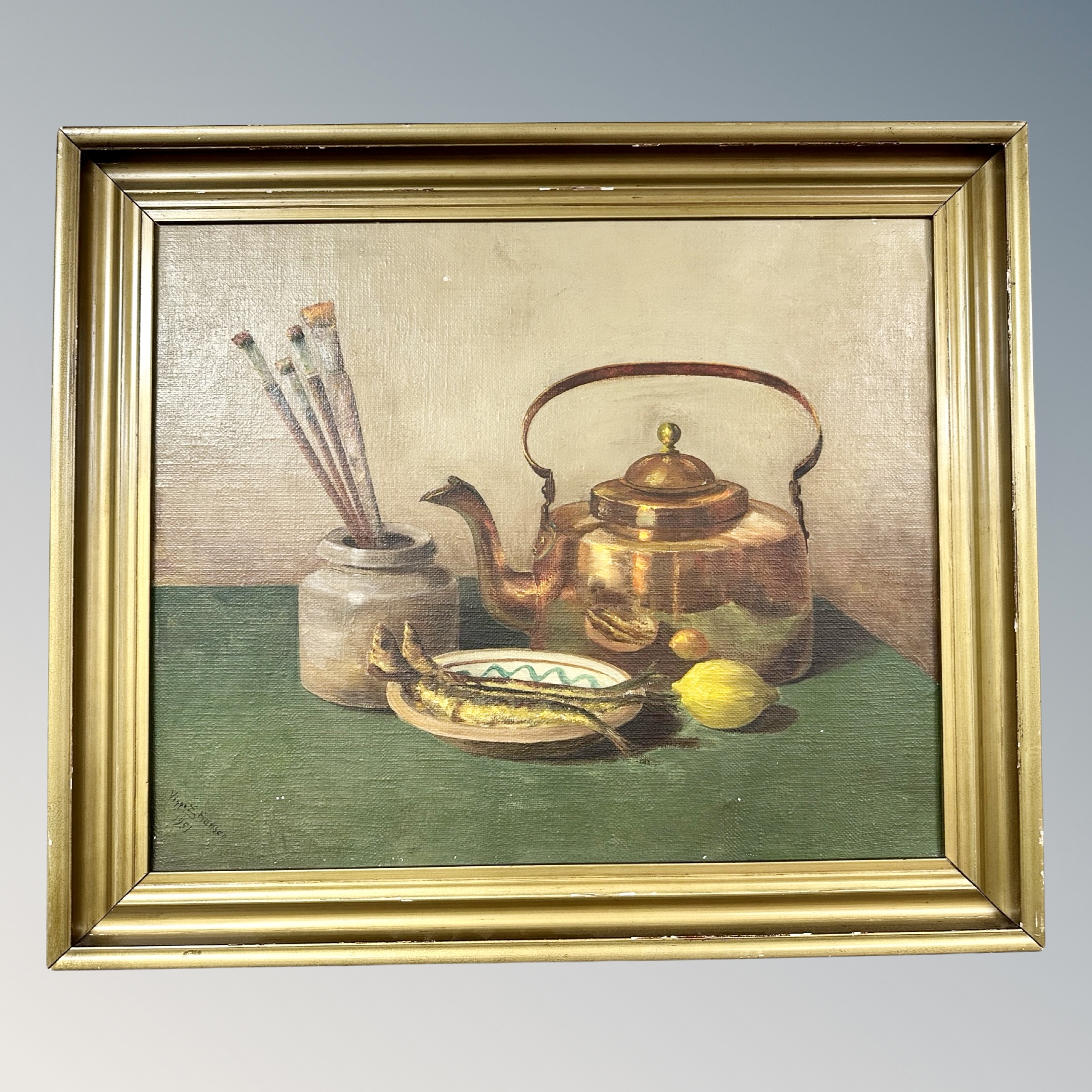 Viggo Dansen : Still life of copper kettle and fishes in bowl, oil on canvas, 53 cm x 43 cm, - Image 2 of 2