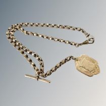 A 9ct gold watch chain with T-bar and fob CONDITION REPORT: 29.7g.