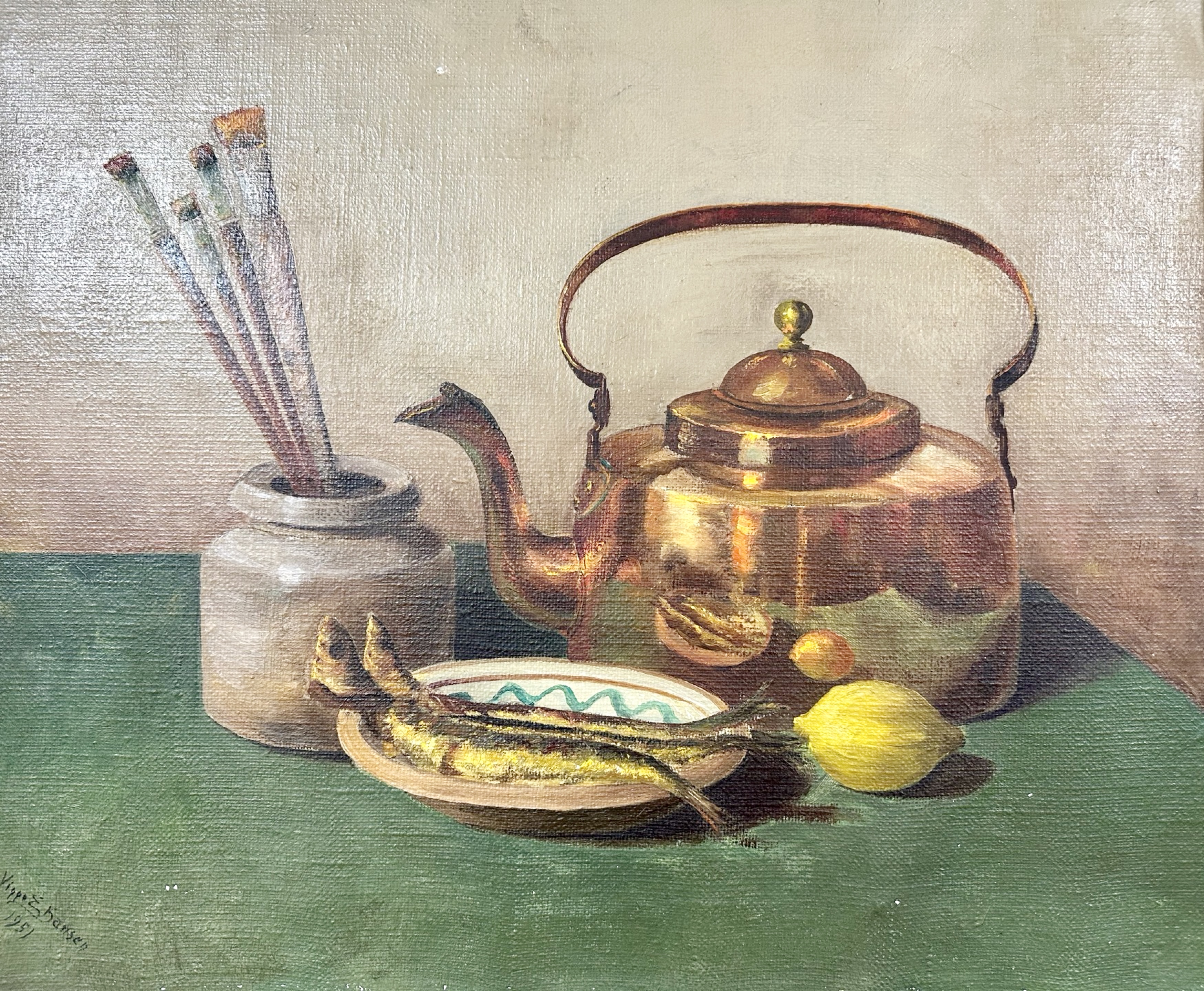 Viggo Dansen : Still life of copper kettle and fishes in bowl, oil on canvas, 53 cm x 43 cm,