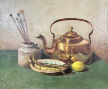 Viggo Dansen : Still life of copper kettle and fishes in bowl, oil on canvas, 53 cm x 43 cm,