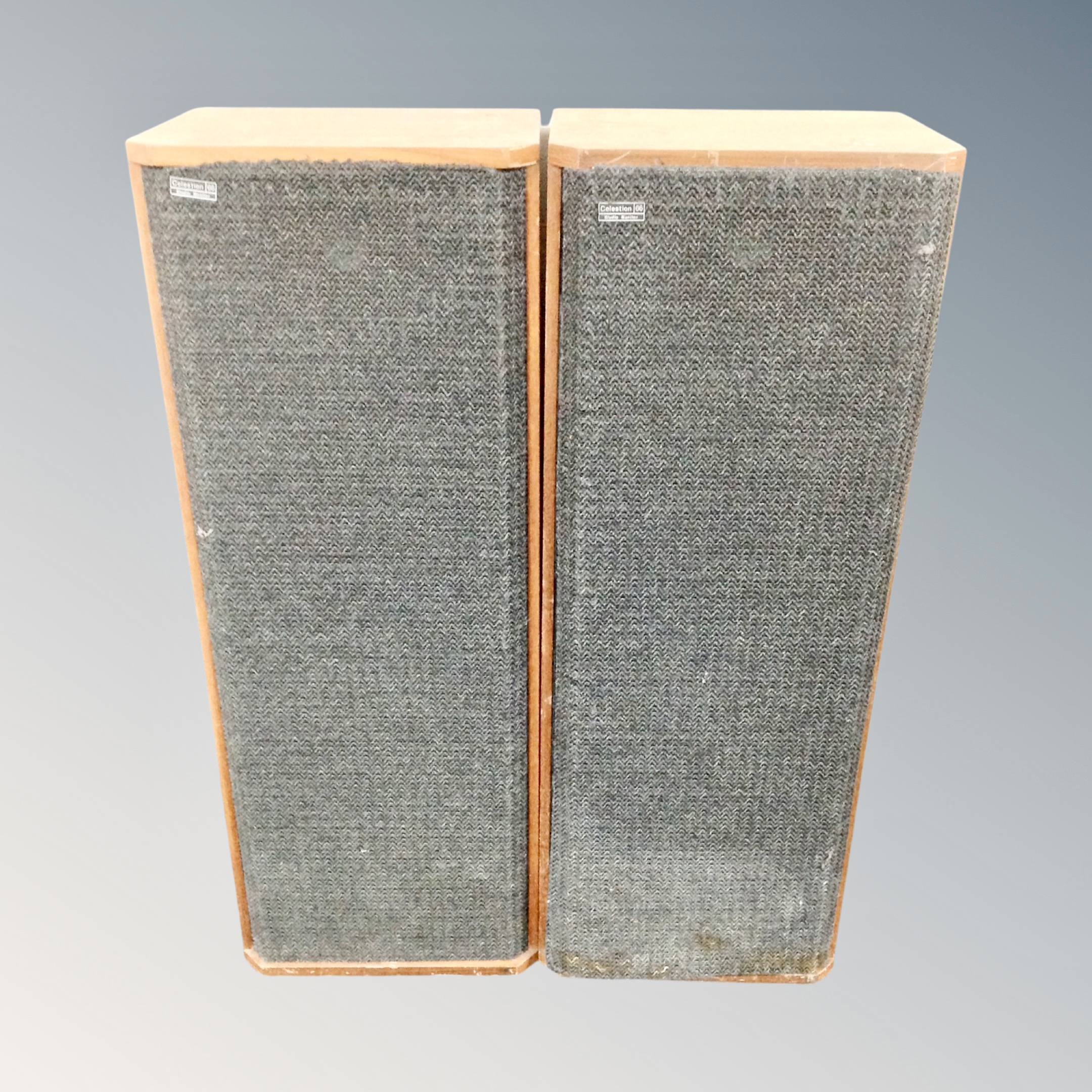 A pair of teak cased Celestion 66 Studio Monitor floor standing speakers, height 102 cm.