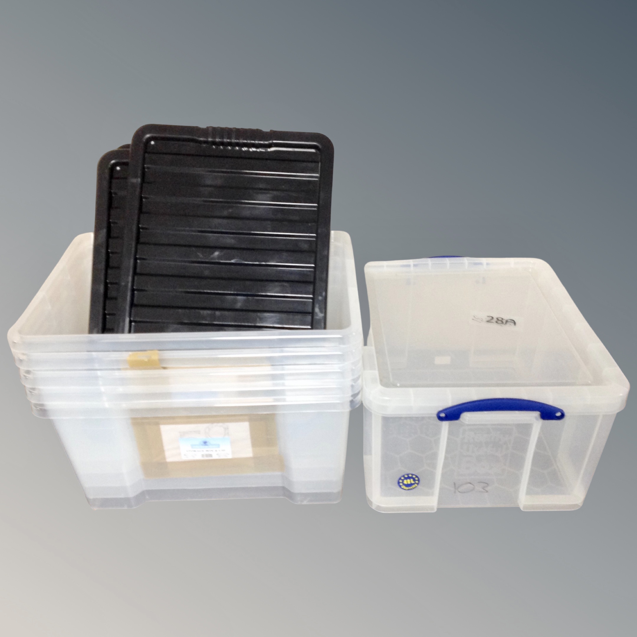 A quantity of plastic storage boxes with lids.