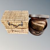 Two wicker picnic hampers and vintage hat box containing three leather satchels