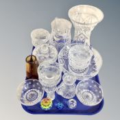 A tray of crystal vase, grapefruit dishes, jug and bowl,