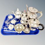 A tray of silver plated tea wares, candlestick, three oil burners on stands.