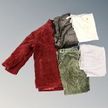 A quantity of vintage corduroy clothing including red Prada blazer, size XXL, etc.
