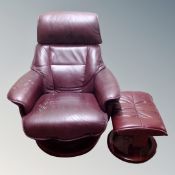 A Hjort Knudsen Burgundy leather relaxer armchair with similar stool