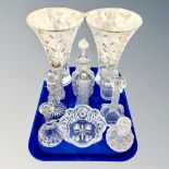 A tray of large pair of glass vases, decanter with stopper, candlesticks, Bohemia crystal bowl.