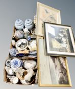 Three crates of assorted ceramics : antique dinner ware, Spode storage jar, dog ornaments,