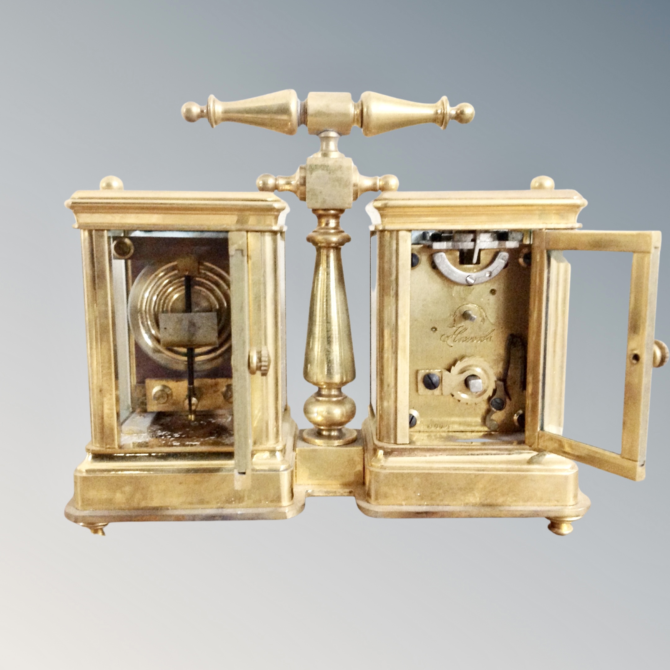 A brass cased combination mantel timepiece / barometer, - Image 2 of 4