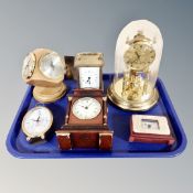 A tray of contemporary anniversary clock under dome, barometer / thermometer, clocks.