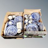 Two boxes of Staffordshire blue and white Willow pattern dinner china, tea china,