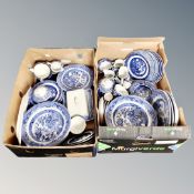 Two boxes of Staffordshire blue and white Willow pattern dinner china, tea china,