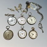 A group of silver fob watches and keys,
