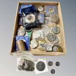 A box of crowns, commemorative coins, 1797 cartwheel penny,