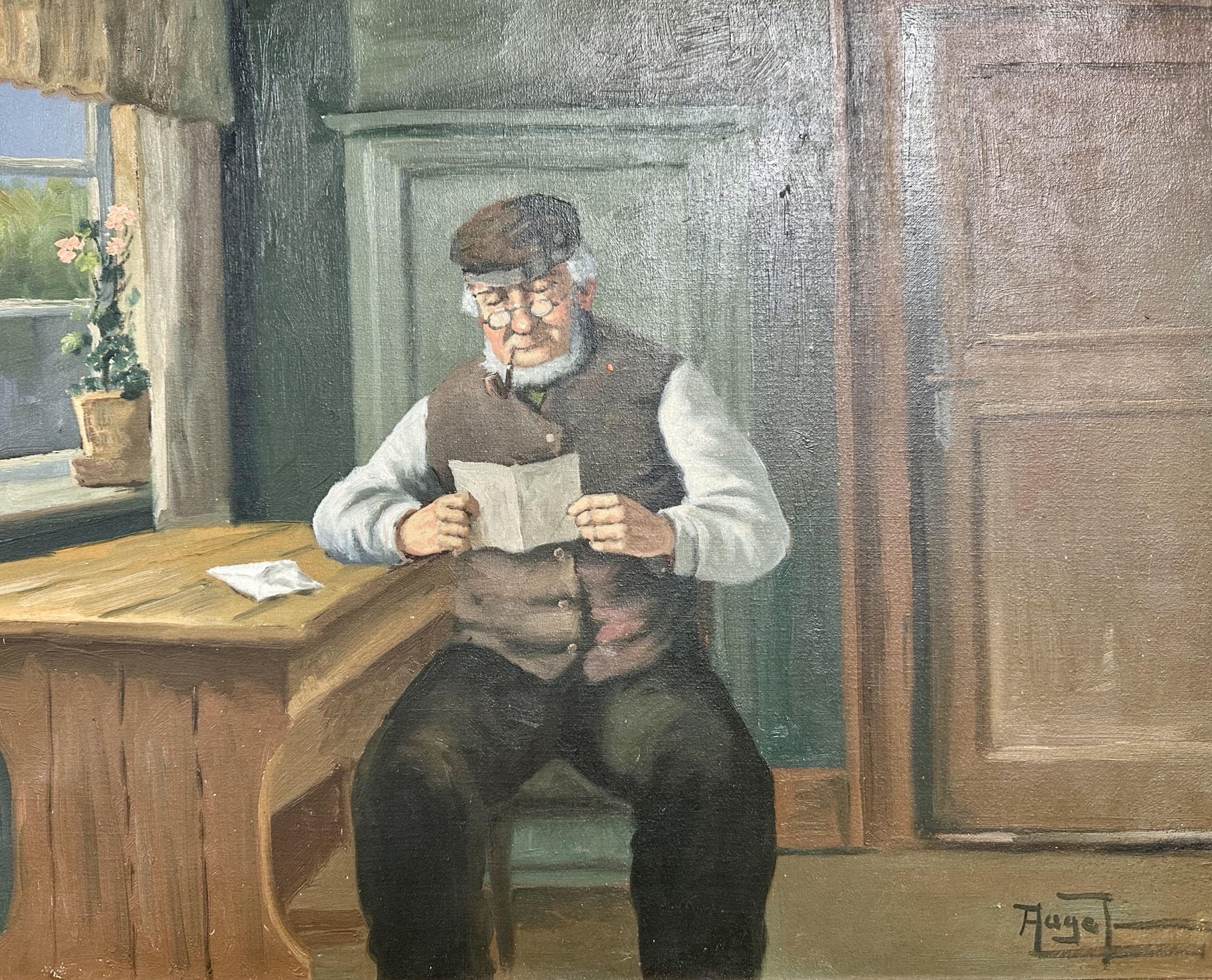 Danish School : A man reading in a cottage interior, oil on canvas,