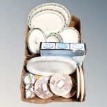 Two boxes of Bisto dinner ware, porcelain lazy Susan, Pottery Barn plates.