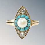 A very pretty 18ct gold, turquoise, diamond and pearl ring,