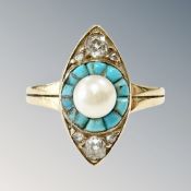 A very pretty 18ct gold, turquoise, diamond and pearl ring,