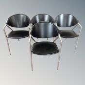 Four black leather and tubular metal open tub armchairs