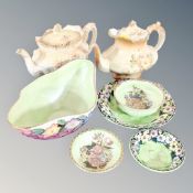 Six pieces of Maling green lustre china and two Crown Devon teapots