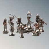 A group of ten die cast pewter figures of Native Americans, tallest 14.