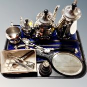 A three piece 19th century carving set in case, four piece Fiskberry plated tea service,