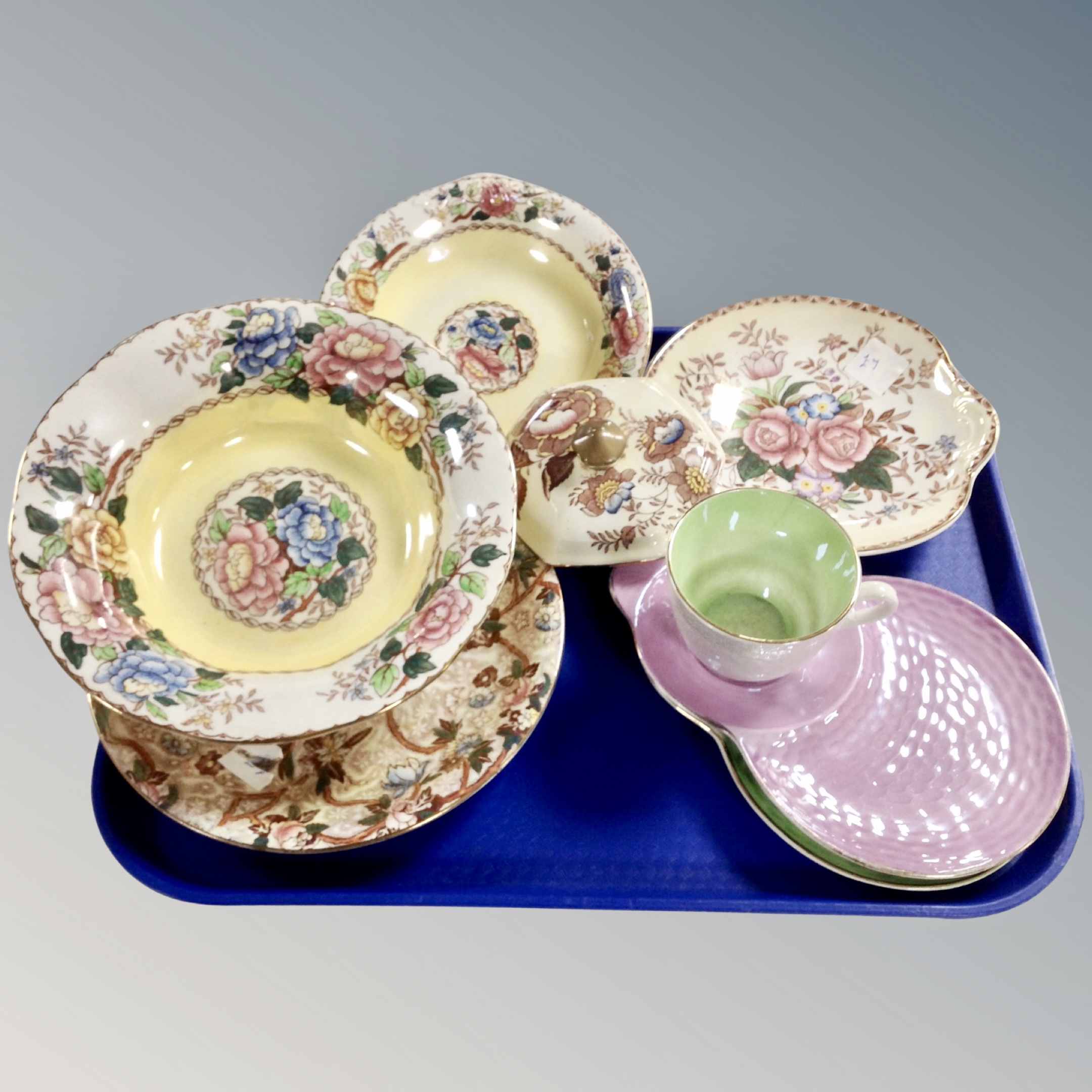 A tray of Maling lustre wares including fruit bowl and plates