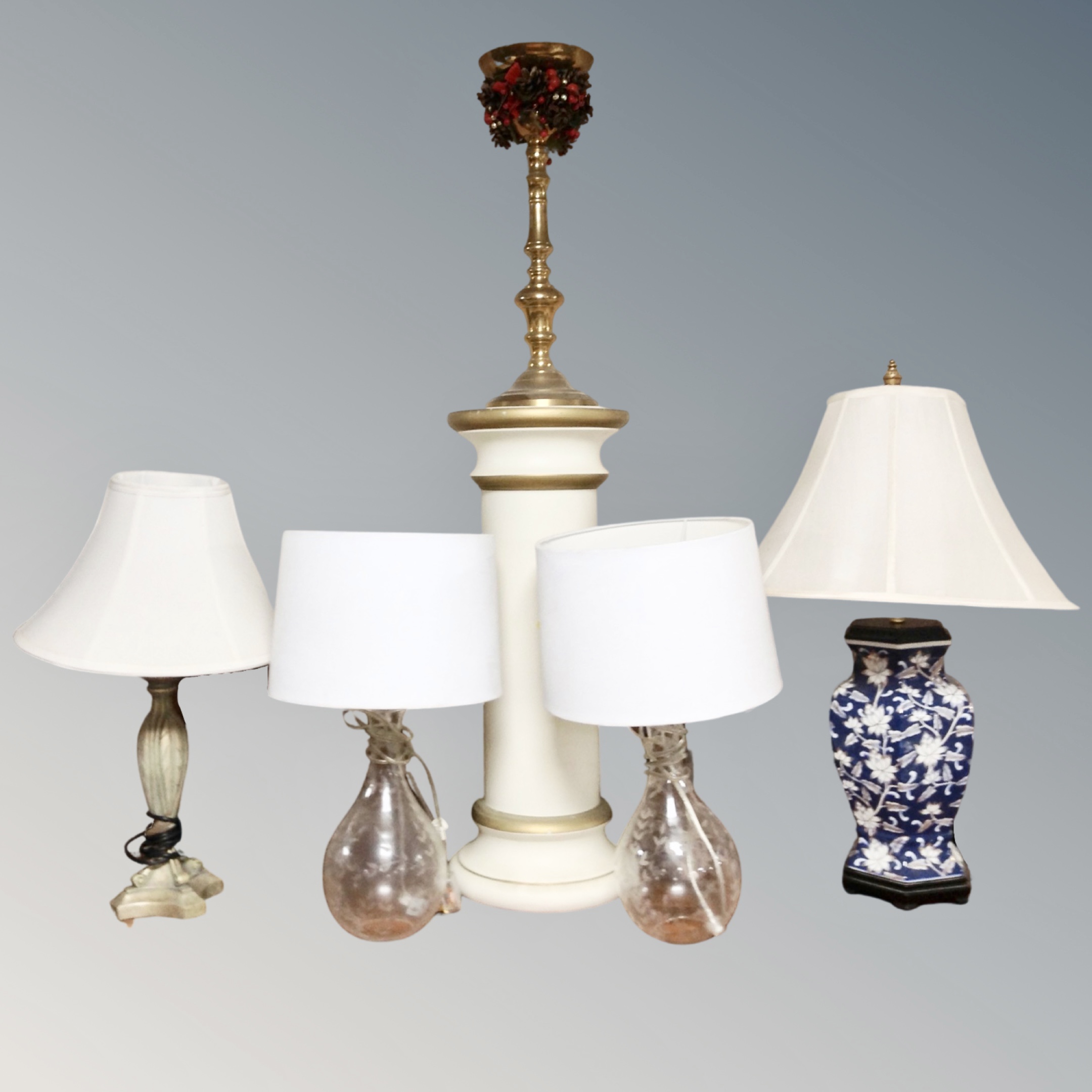 A pair of glass table lamps and shades, two further table lamps, jardiniere stand,