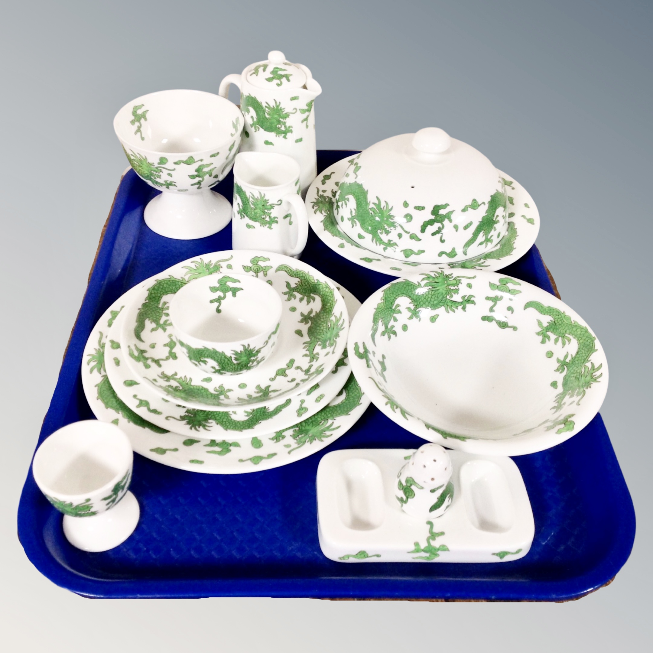 A tray of eleven pieces of Hammersley green dragon patterned tea china.