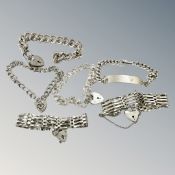 Six silver bracelets including ID bracelet,