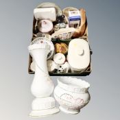 Two boxes of ceramics : kitchen brad bin, storage jars, comports, Maling vase, collector's plate,