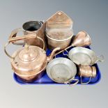 A tray of copper wares, kettle, two frying pans, water jug etc.