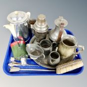 A tray of pewter tea service on tray, silver plated cocktail shaker, hipflask,