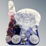 A tray of glass perfume bottles, ruby glass, LSA international vase, fruit bowl,
