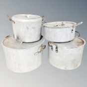 Four aluminium lidded catering cooking pots