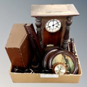 A box of antique wall clock, writing slope, ship's barometer,