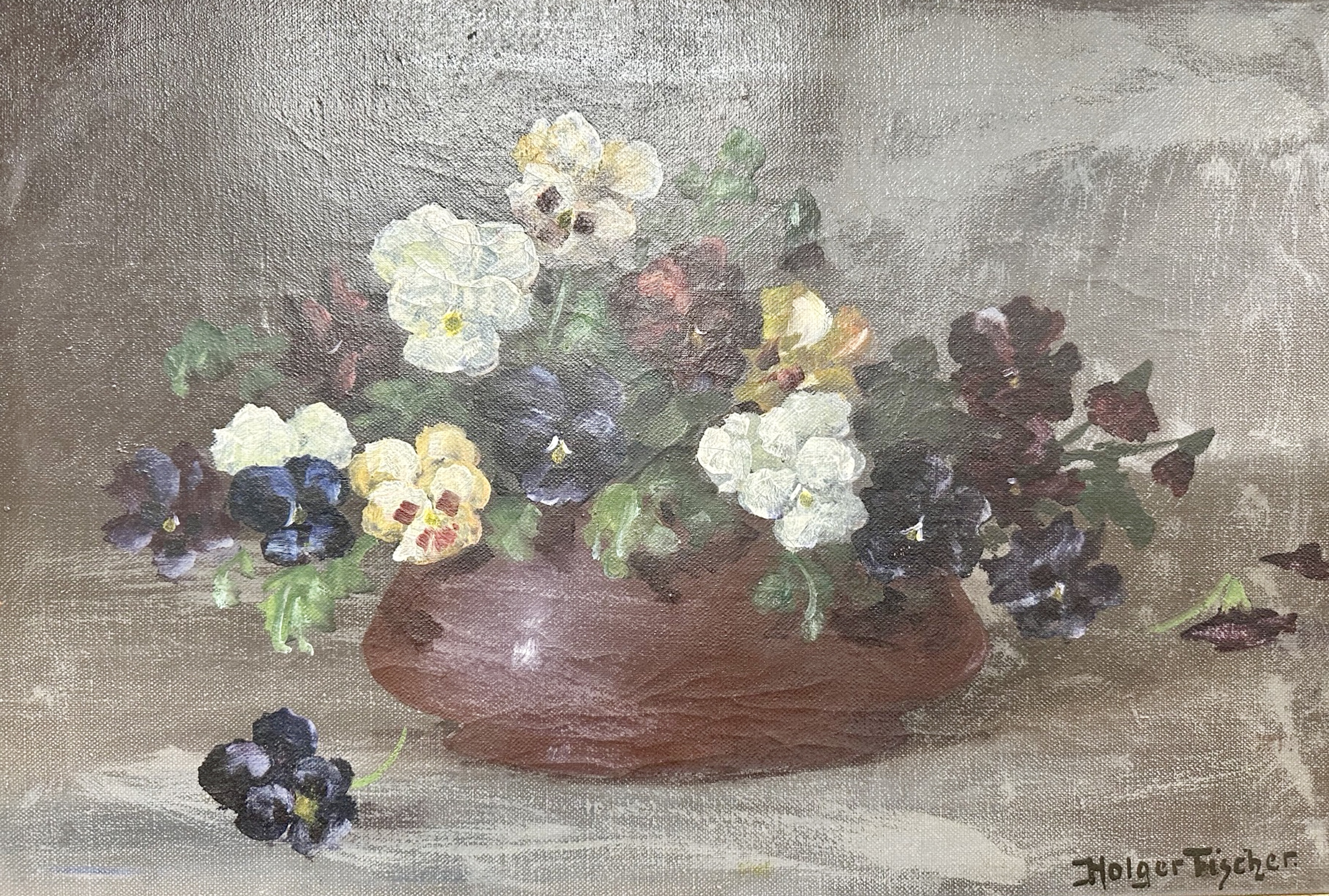 Holger Fischer : Still life with flowers in a vase, oil on canvas, 46 cm x 30 cm.