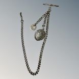 An antique silver Albert chain with T-bar and fob CONDITION REPORT: 39.
