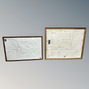 Two framed 18th/19th century indentures on vellum, the largest 90 cm x 74 cm (2).